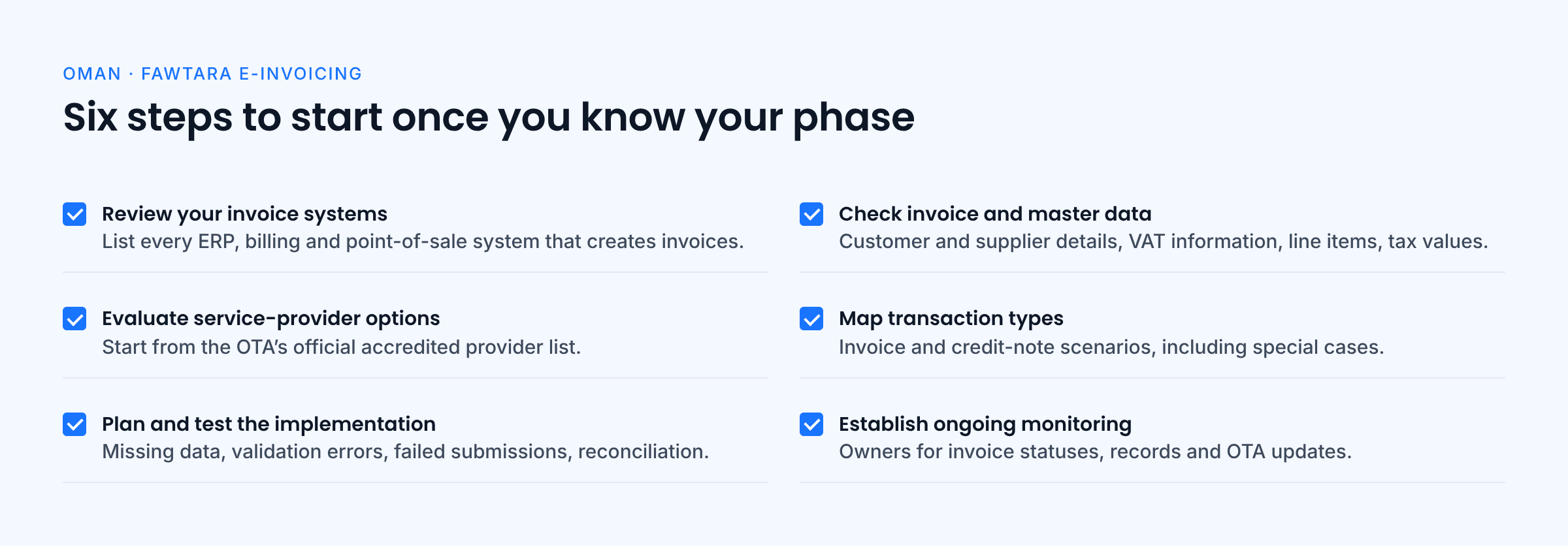 Checklist of six next steps: review invoice systems, check master data, evaluate providers, map transaction types, plan and test, establish monitoring