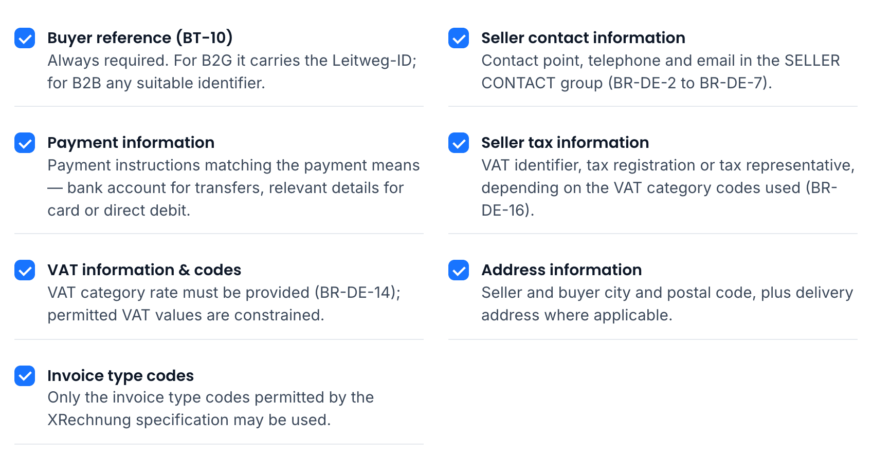 Checklist of key XRechnung requirements: buyer reference, seller contact, payment, tax, VAT, address and invoice type codes