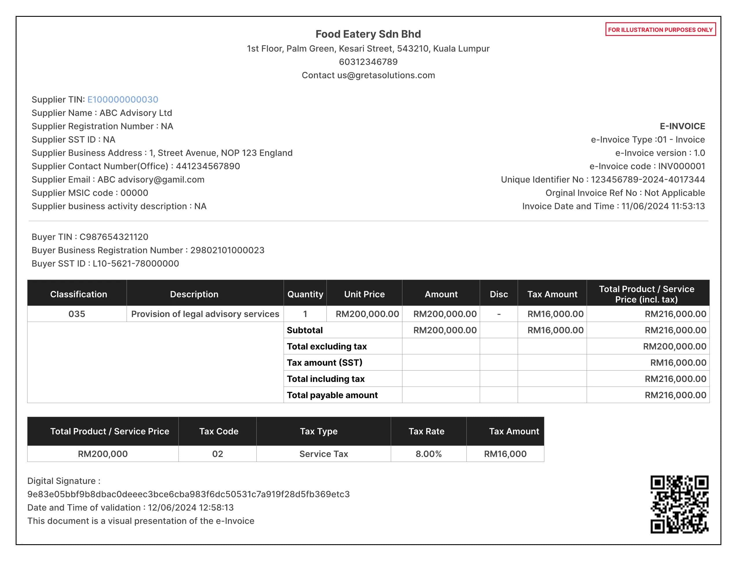 Visual example of a validated self-billed e-Invoice for a transaction with a foreign supplier in PDF format