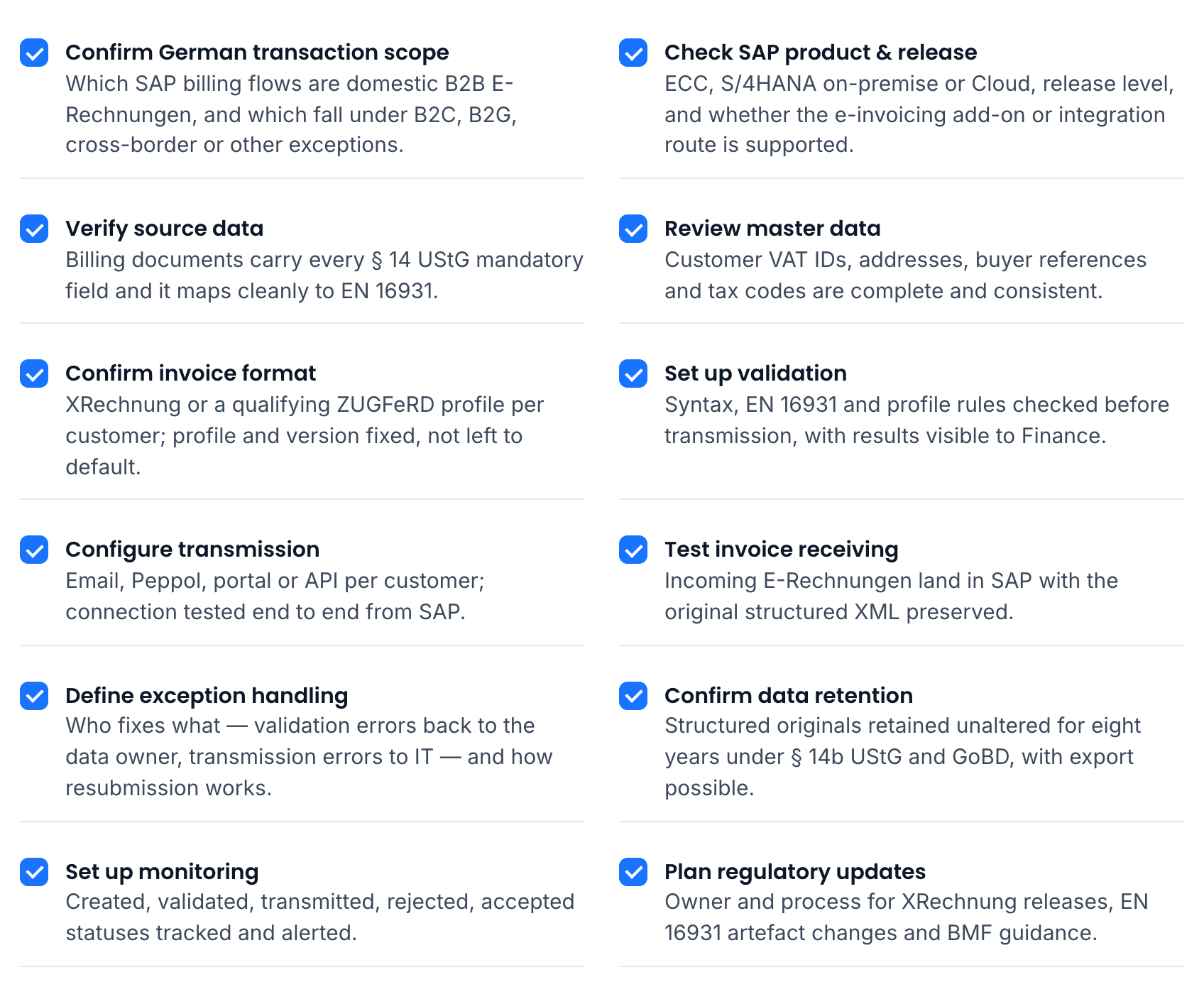 SAP e-invoicing go-live checklist for Germany