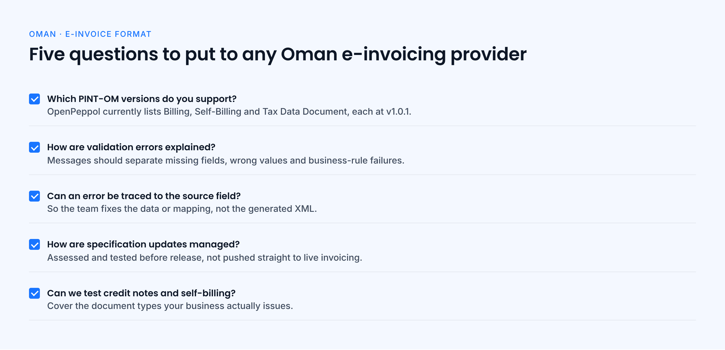 Checklist of five questions to ask an Oman e-invoicing provider, covering supported PINT-OM versions, error messages, traceability, updates and credit note and self-billing tests