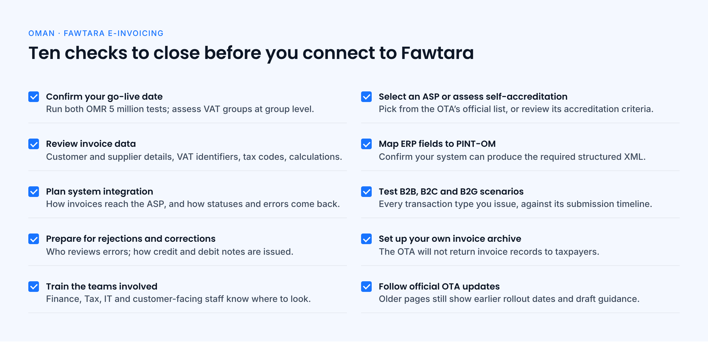 Checklist of ten things to complete before connecting to Fawtara, from confirming the go-live date to following official OTA updates