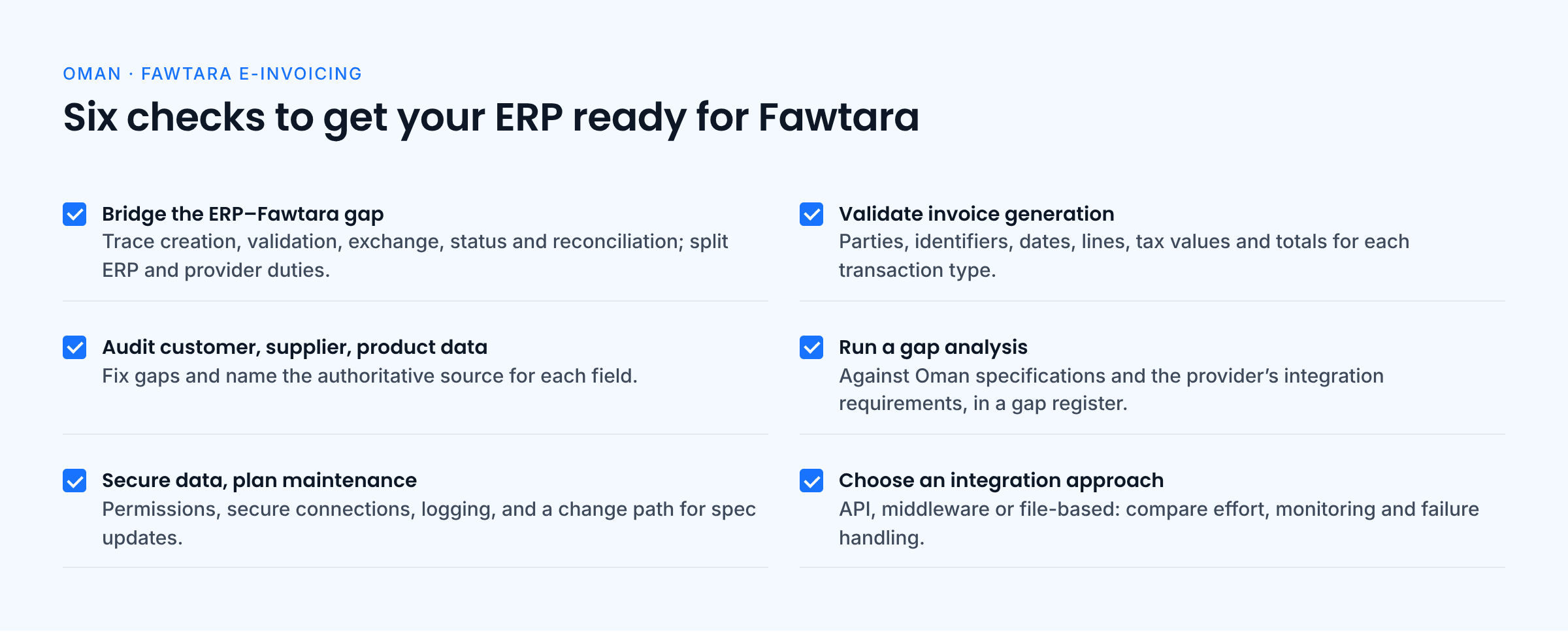 Checklist of six ERP preparation checks for Fawtara, from mapping the end-to-end flow to choosing an API, middleware or file-based integration