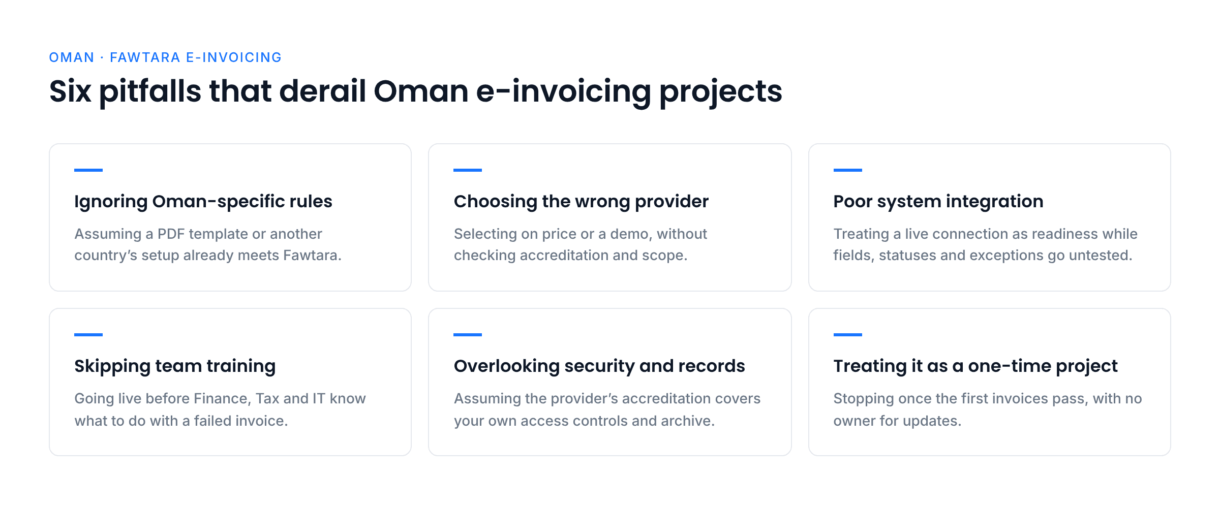 Six cards naming the biggest Oman e-invoicing pitfalls, from ignoring Oman-specific rules to treating e-invoicing as a one-time project